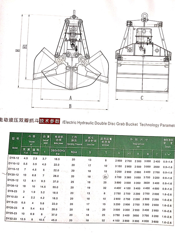 电动液压双瓣抓斗参数表_副本